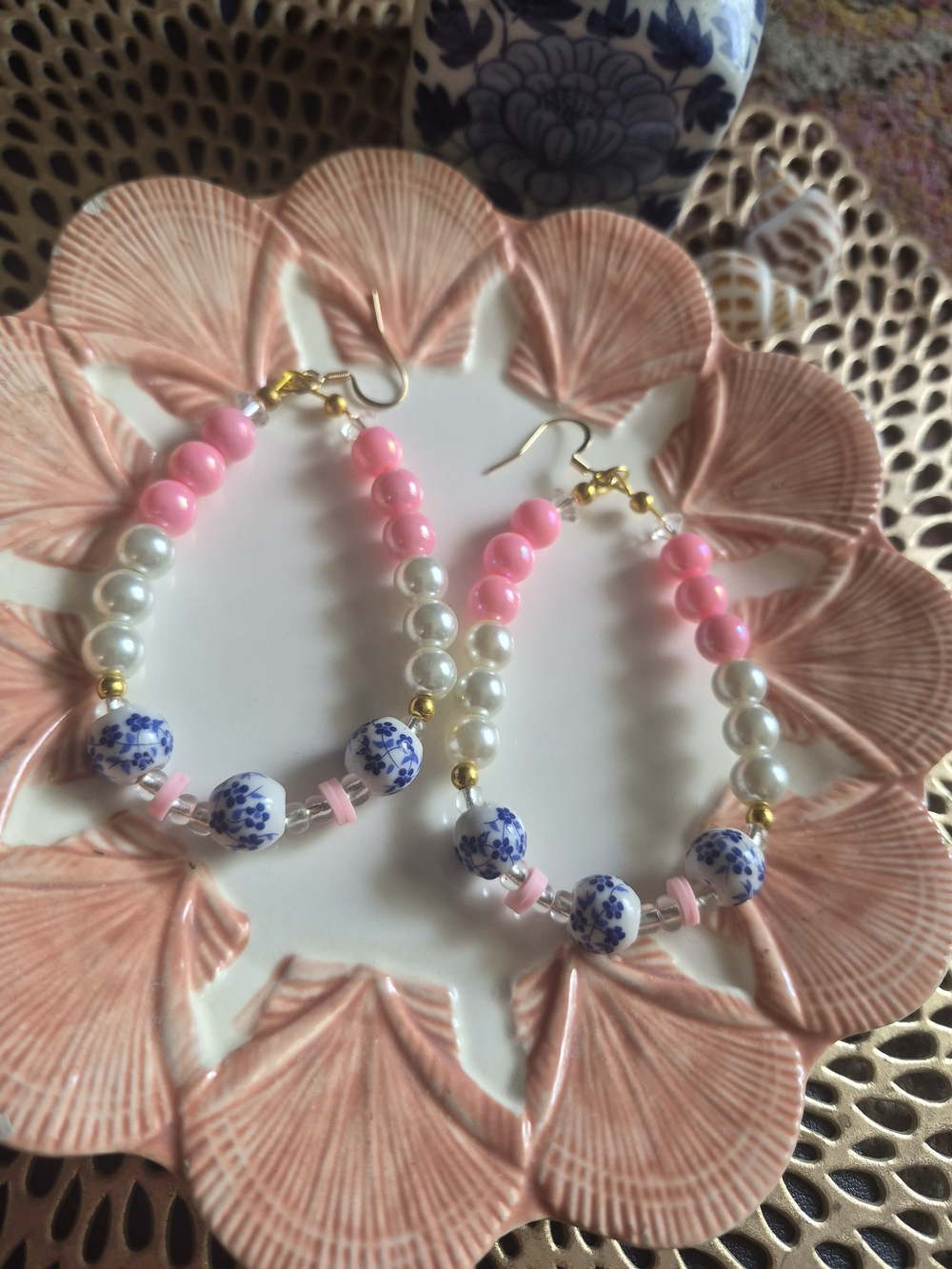 Handmade Pink Pearl & Blue Floral Bead Hoop Earrings